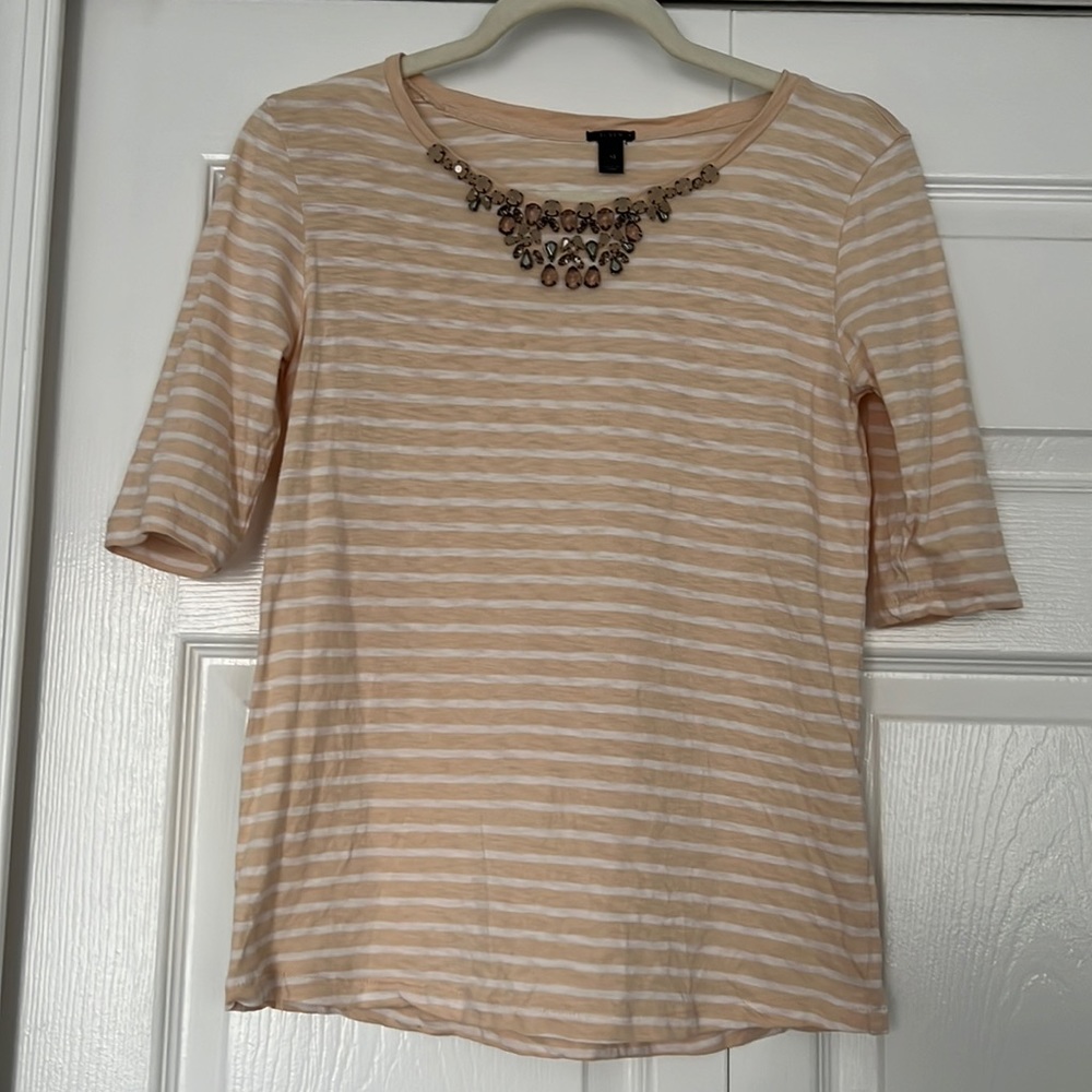 J. Crew Apricot and White Striped Shirt with Jewel Neckline Size XS